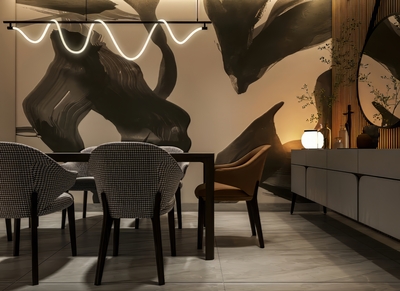 Modern-dining-area-with-stylish-decor-abstract-wall-art-evening-light